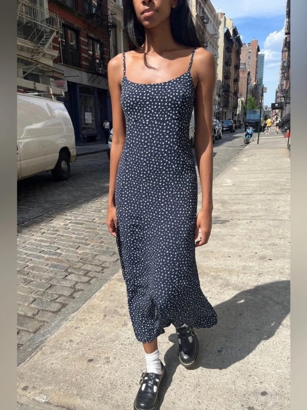 Brandy Melville Navy Blue & White Floral Colleen Midi Slip Dress